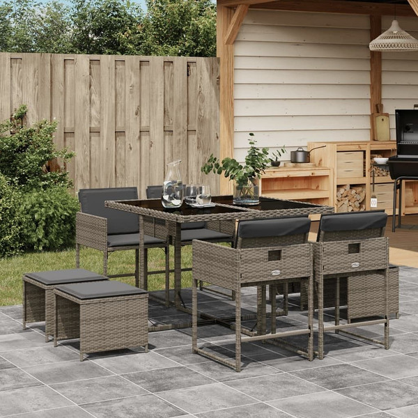  9 Piece Patio Dining Set with Cushions Gray Poly Rattan A949-3278083