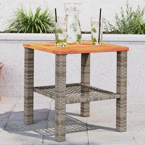 Patio Table Gray 15.7"x15.7"x16.5" Poly Rattan Acacia Wood A949-366264