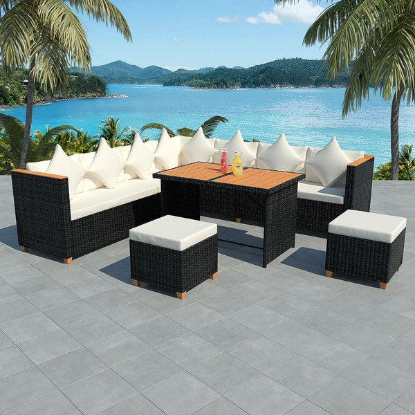 7 Piece Patio Lounge Set with Cushions Poly Rattan Black A949-43001