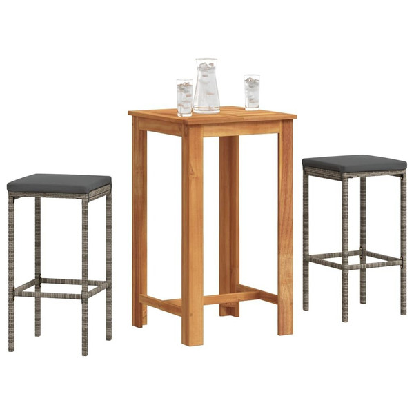  3 Piece Patio Bar Set Gray Solid Wood Acacia and Poly Rattan A949-3295268