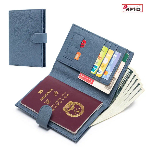 Color: green - Genuine Cow Leather Passport Holder Travel Wallet with Zipper Pocket Card Holder RFI F640-12000037788180675