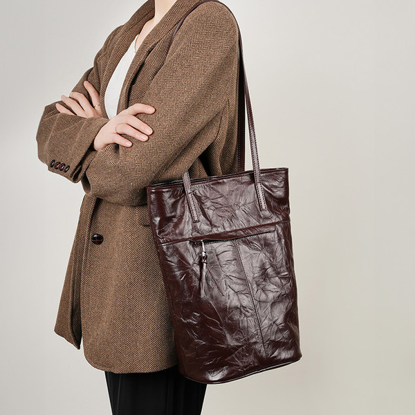 First Layer Pleated Cowhide Lazy Bucket Bag Q119-CJNS1994553