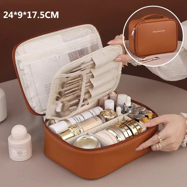 Color: Brown - PU Large Capacity Tote Makeup Bag Portable Travel Organizer Tolietry Cosmetic Storag F640-12000044325859248