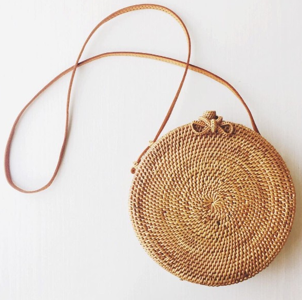 Color: Wood color - Bali hand-woven round shoulder bag rattan straw bag boho Messenger bag Q119-CJBHNSNS02401-Wood color