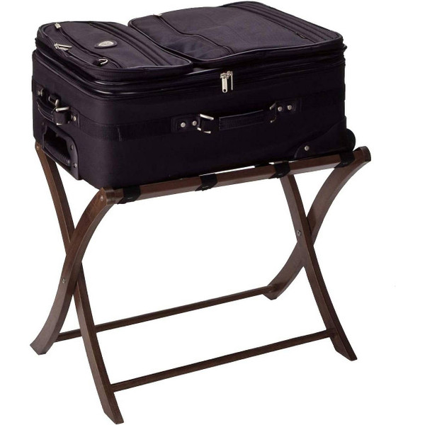 Solid Wood Folding Luggage Rack in Medium Brown Finish with Black Nylon Straps Q280-BRWLRS286371597