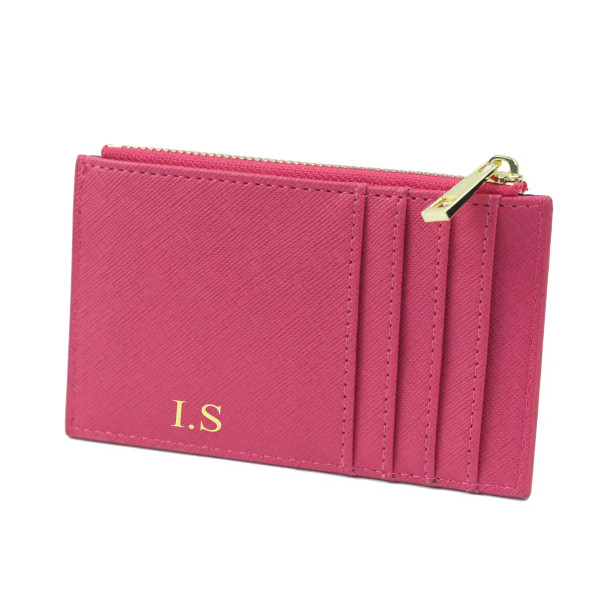 Color: Brown - Custom Name Saffiano Leather Zip CardHolder Multiple Colors Ultra Thin Coin Purse Dr F640-12000038409815297