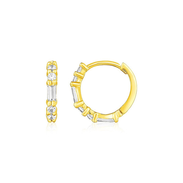 14k Yellow Gold Petite Hoop Earrings with Baguette Cubic Zirconias P150-50492
