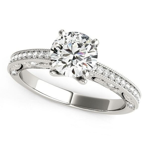 Size: 7 - 14k White Gold Antique Pronged Round Diamond Engagement Ring (1 1/8 cttw) P150-50355-7