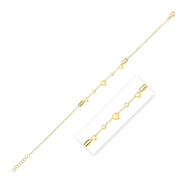 Size: 10 - 14k Yellow Gold Puff Heart Adjustable Anklet P150-74557-10