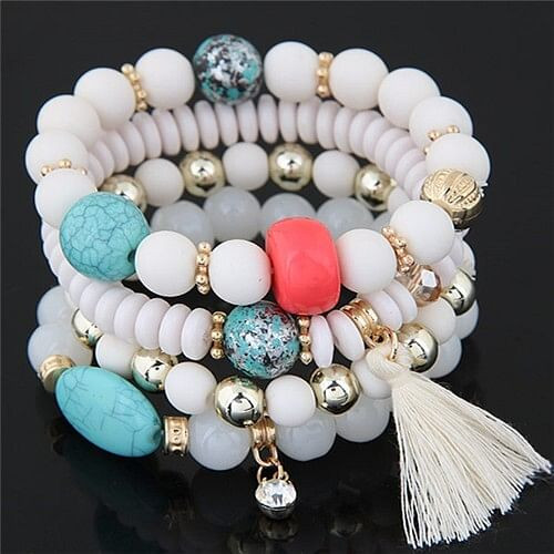 Assorted Beads with Tassel Design Four Layers Candy Color High Fashion Bracelets - White A392-fabr1722