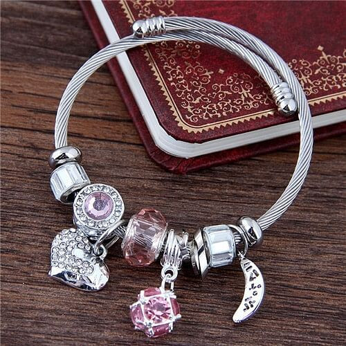 Heart and Moon Pendants High Fashion Beads Bangle - Pink A392-fabr1956