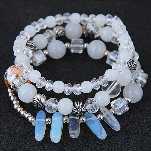 Crystal Ball and Seashell Combo Triple Layers High Fashion Bracelet - White A392-fabr2226