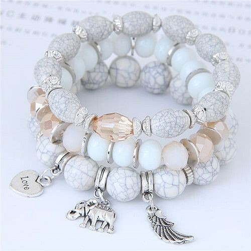 Heart Wing and Elephant Pendants Triple Layers Women Fashion Beads Bracelet - White A392-fabr2253