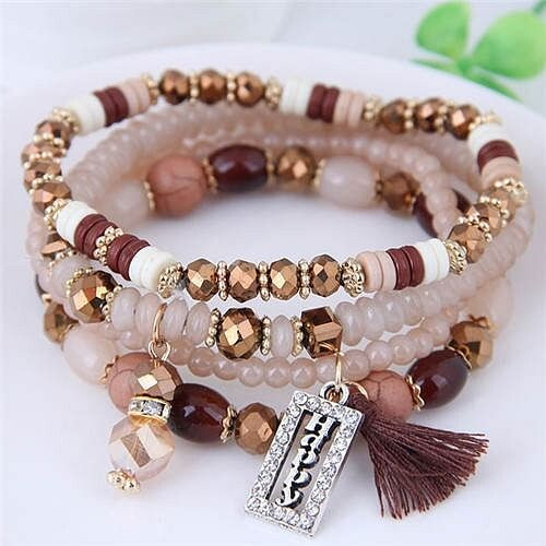 Word Happy Pendant with Cotton Threads Tassel Multiple Layers Beads Fashion Bracelet - Khaki A392-fabr2282