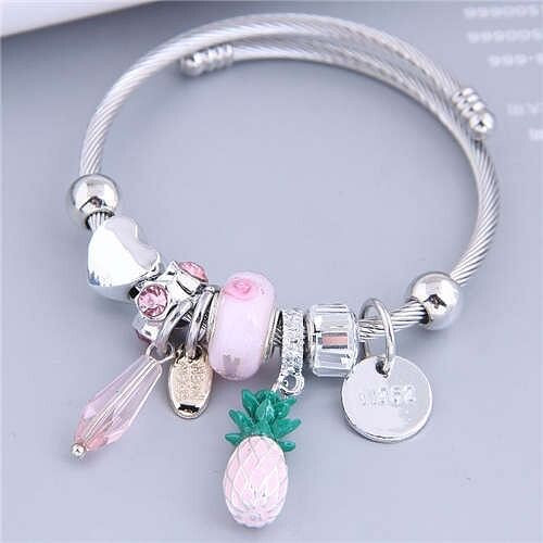 Wholesale Fashion Jewelry Peach Heart and Pineapple Multi-element Charm Pendants Women Bangle - Pink A392-fabr2660