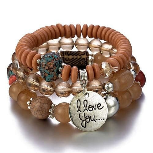Bohemian Fashion I Love You Pendant Triple Layers Mixed Beads Handmade Bracelet - Brown A392-fabr3018