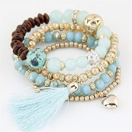 Tassel and Heart Pendants Triple Layers Crystal Mixed Beads Handmade Bracelet - Light Green A392-fabr3025
