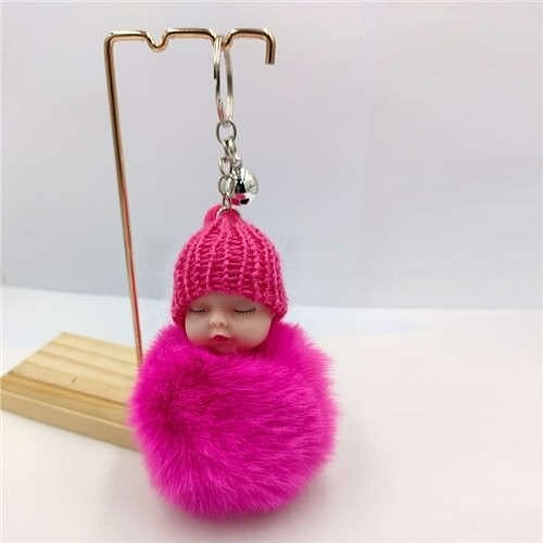 Fashion Women Handbag Pendant Cute Sleeping Baby Mini Bell Fluffy Design Wholesale Key Chain - Rose A392-fakc0075