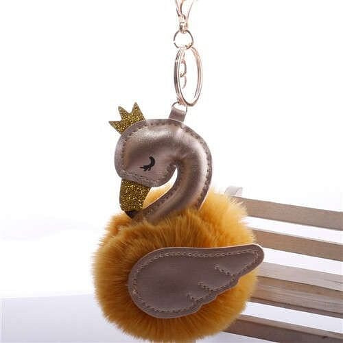 Lovely Swan Fluffy Ball Women Car Pendant Unique Design Accessories Wholesale Key Chain - Brown A392-fakc0172
