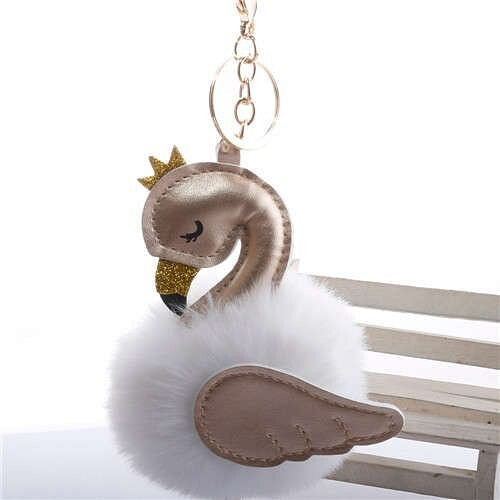 Lovely Swan Fluffy Ball Women Car Pendant Unique Design Accessories Wholesale Key Chain - White A392-fakc0174