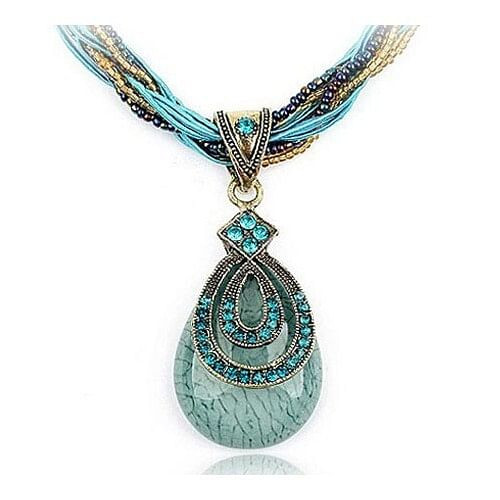 Bohemian Style Rhinestone Decorated Vintage Waterdrop Pendant Mini Beads and Threads Weaving Neckla A392-fane1990