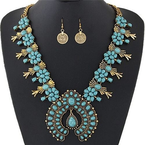 Turquoise Embellished Bohemian Floral Fashion Necklace and Earrings Set - Copper and Blue A392-fane3717