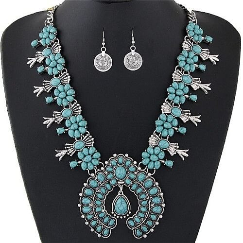 Turquoise Embellished Bohemian Floral Fashion Necklace and Earrings Set - Silver and Blue A392-fane3719