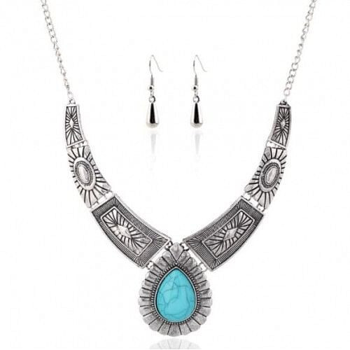 Artificial Gem Embellished Vintage Totem Engravings Waterdrop Design Chunky Costume Necklace - Silv A392-fane5407