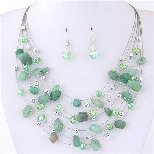 Crystal Stones and Seashell Beads Necklace Multi-layer Fashion Necklace and Earrings Set - Green A392-fane5861