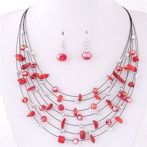 Crystal Stones and Seashell Beads Necklace Multi-layer Fashion Necklace and Earrings Set - Red A392-fane5866
