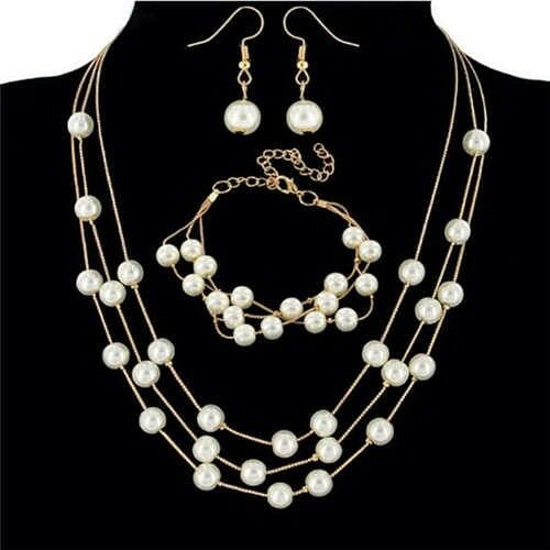 Elegant Artificial Pearl Sweet Fashion Women Necklace Bracelet and Earrings Set - Golden A392-fane6517