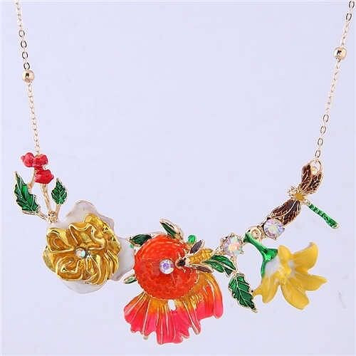 Dragonfly and Bee in the Flowers Design Enamel Women Fashion Bib Necklace - Yellow A392-fane6736