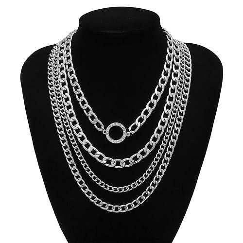 Wholesale Jewelry Round Pendant Multi-layer Chain Vintage Women Fashion Statement Necklace - Silver A392-fane6801