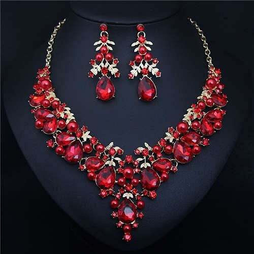 Bold Fashion Rhinestone and Pearl Water Drop Design Prom Necklace and Earrings Set - Red A392-fane7296