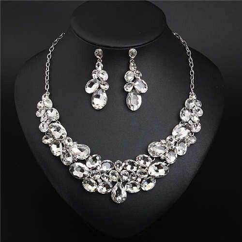 Classic Design Glass Gem Inserted Women Statement Bib Necklace and Earrings Set - White A392-fane7321