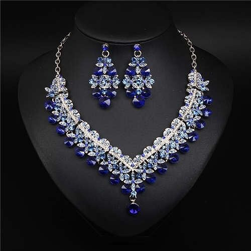 V Shape Water Drop Design Evening Dress Luxury Jewelry Wholesale Necklace and Earrings - Blue A392-fane7322