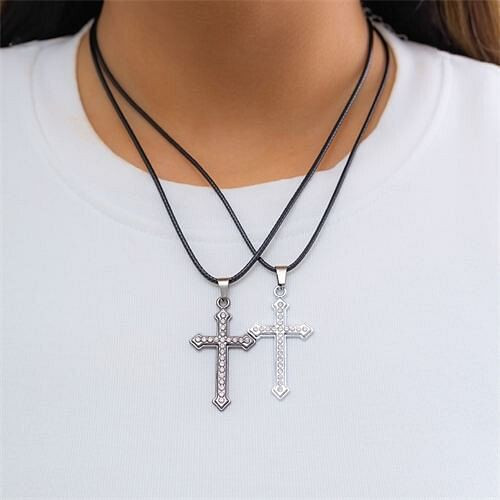 Punk Style Two Cross Pendants Wholesale Fashion Rope Necklace A392-fane7467