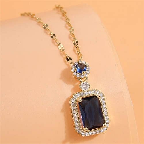 Korean Fashion Luxurious Square Cubic Zirconia Pendant Design Shining Costume Necklace - Dark Blue A392-fane7664