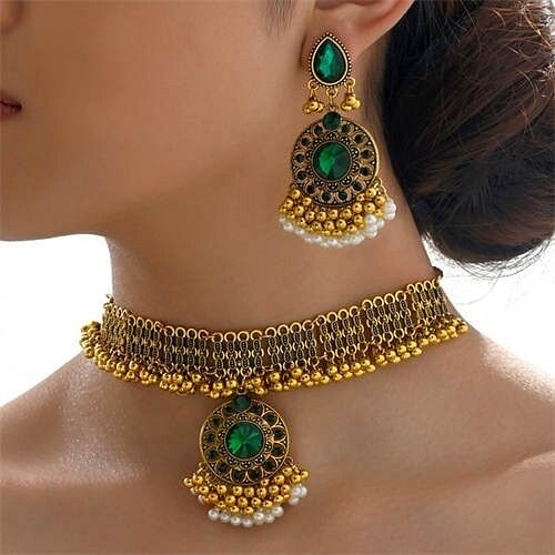 Vintage Fashion Rhinestone Flower Pendant Golden Beads Tassel Wholesale Necklace Earrings Set - Gre A392-fane7698