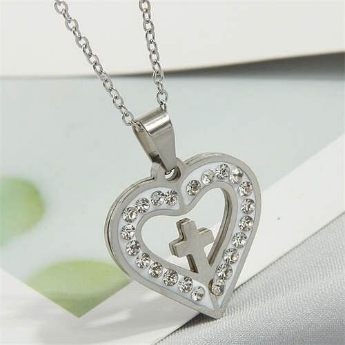 Rhinestone Rimmed Christ Cross Heart Pendant Stainless Steel Wholesale Fashion Necklace - Silver A392-fane7723