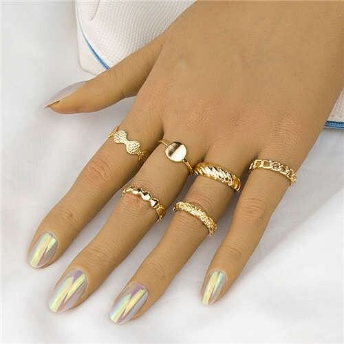 Punk Fashion Chain and Twisted 6pcs Wholesale Jewelry Golden Alloy Rings Set A392-fari0866