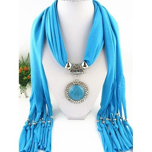 Round Stone Inlaid Ethnic Pendant Fashion Scarf Necklace - Blue A392-fasn0086