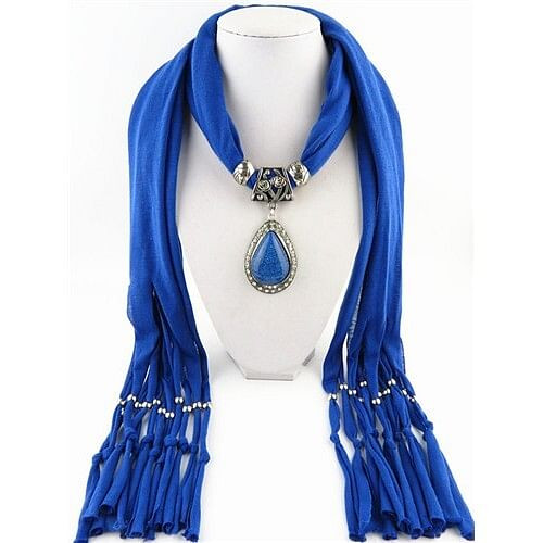 Waterdrop Shape Stone Gem Ethnic Pendant Fashion Scarf Necklace - Blue A392-fasn0092