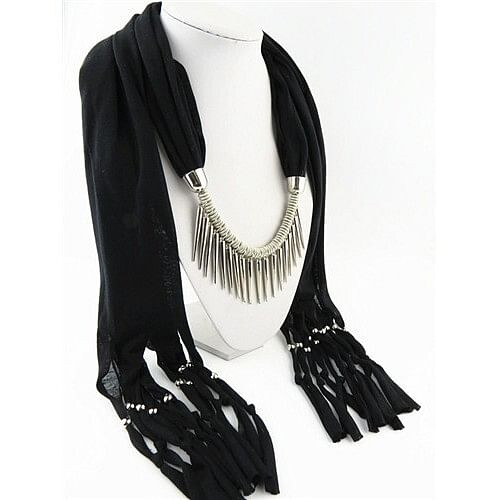 Punk Fashion Long Rivets Tassels Scarf Necklace - Black A392-fasn0099