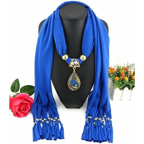 Hollow Phoenix Gem Pendant with Tassel Design Fashion Scarf Necklace - Blue A392-fasn0217