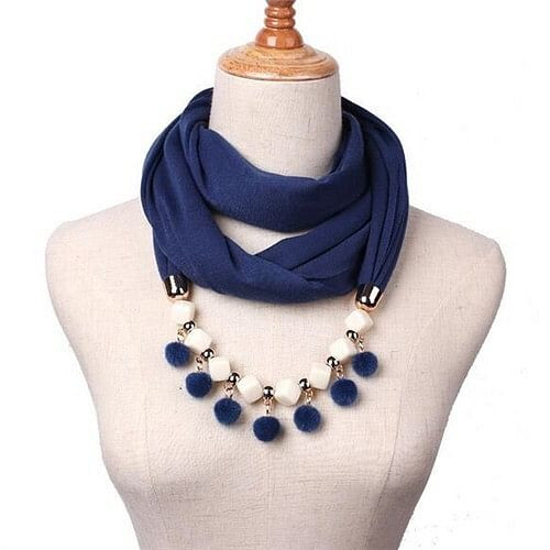 Fluffy Balls Design High Fashion Scarf Necklace - Ink Blue A392-fasn0278