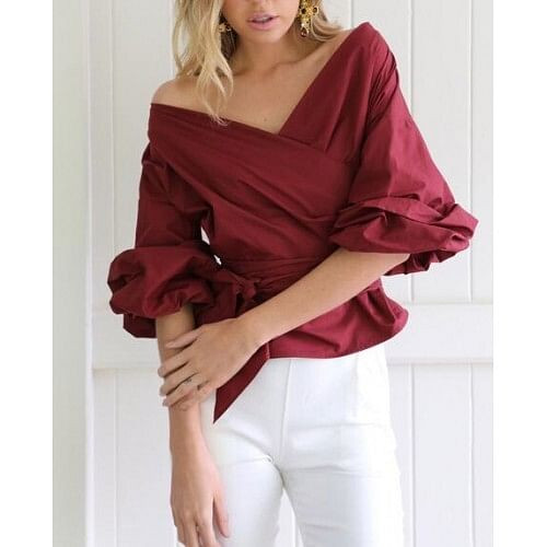 Off Shoulder Three-quarter Sleeves Bowknot Decorated High Fashion Women Top - Wine Red A392-fast0006
