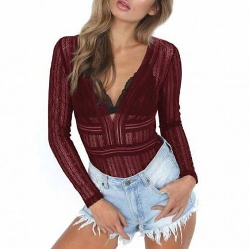 Deep V-neck Lace One-piece Women Top - Wine Red A392-fast0042