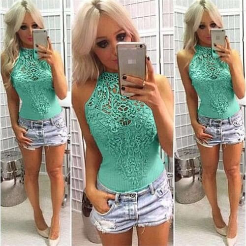 Floral Hollow Lace Design Sleeveless Women Tight Top - Green A392-fast0107