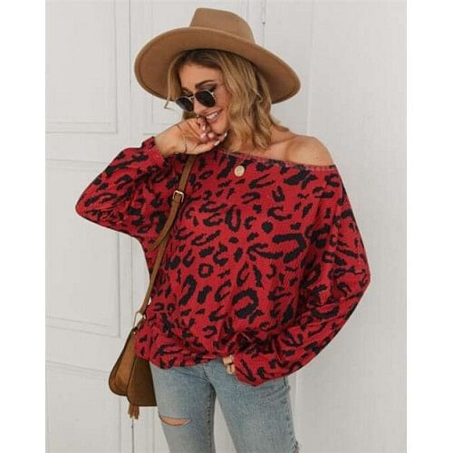 Long Sleeves Casual Style Leopard Prints Winter High Fashion Women Shirt/ Top - Red A392-fast0117